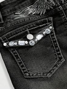 Grunge Punk Shorts vaqueros de talle bajo con decoración de alas bordadas con cristales, estilo Y2K - Negro - Ver 2