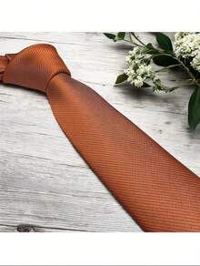Men's Striped Tie In A Solid Color With A Quality Texture, Essential For Weddings, Business, And Formal Occasions. - Naranja Quemada - Ver 1
