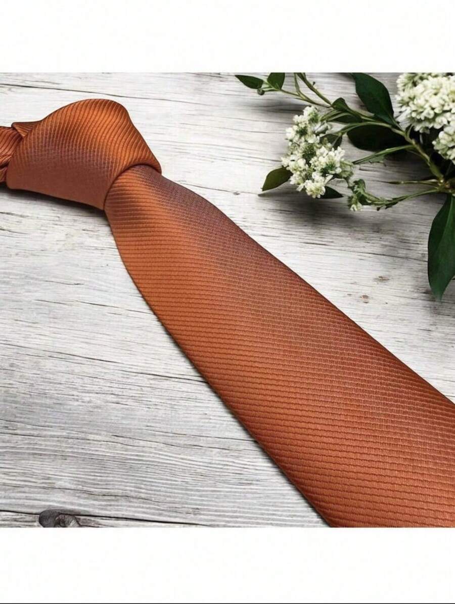 Men's Striped Tie In A Solid Color With A Quality Texture, Essential For Weddings, Business, And Formal Occasions. - Naranja Quemada - Ver 1