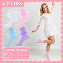 4 Pairs Women Big Ruffle Socks, Cute Classic Double Lace Frilly Cotton Dress Sock For Ladies - 白色 - 查看 8