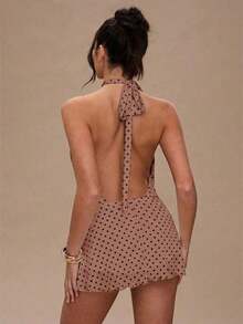 Vestido mini con cuello halter y espalda descubierta con estampado de lunares, para el verano - Marrón - Ver 2