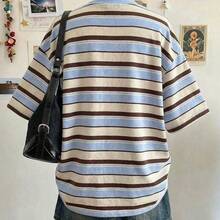 Striped Digital Print Casual Plus Size Women Long Round Neck Drop Shoulder T-Shirt, Gift For Friends - Multicolor - Ver 9