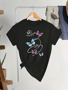 Camiseta con estampado de mariposas de talla grande, top casual de manga corta para primavera y verano, ropa de talla grande para mujer - Negro - Ver 2