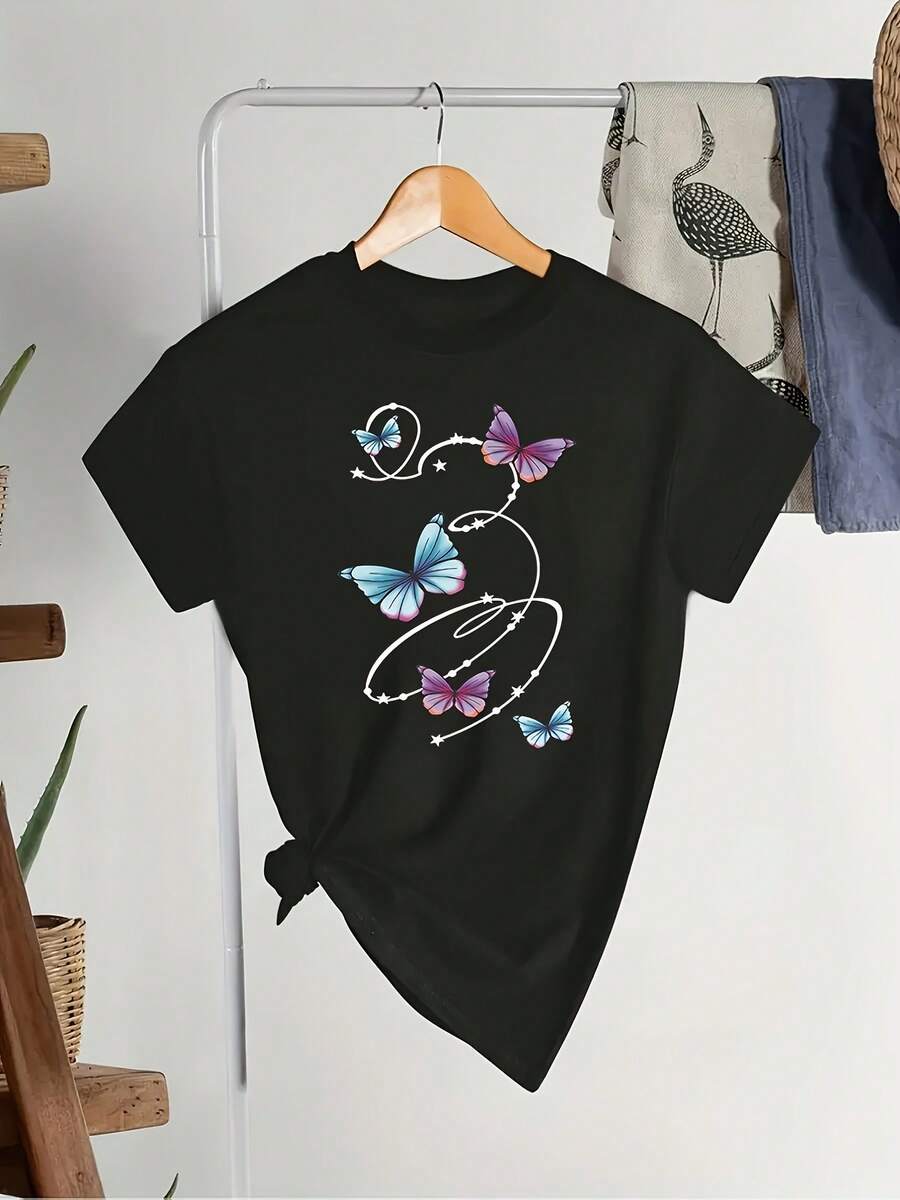 Camiseta con estampado de mariposas de talla grande, top casual de manga corta para primavera y verano, ropa de talla grande para mujer