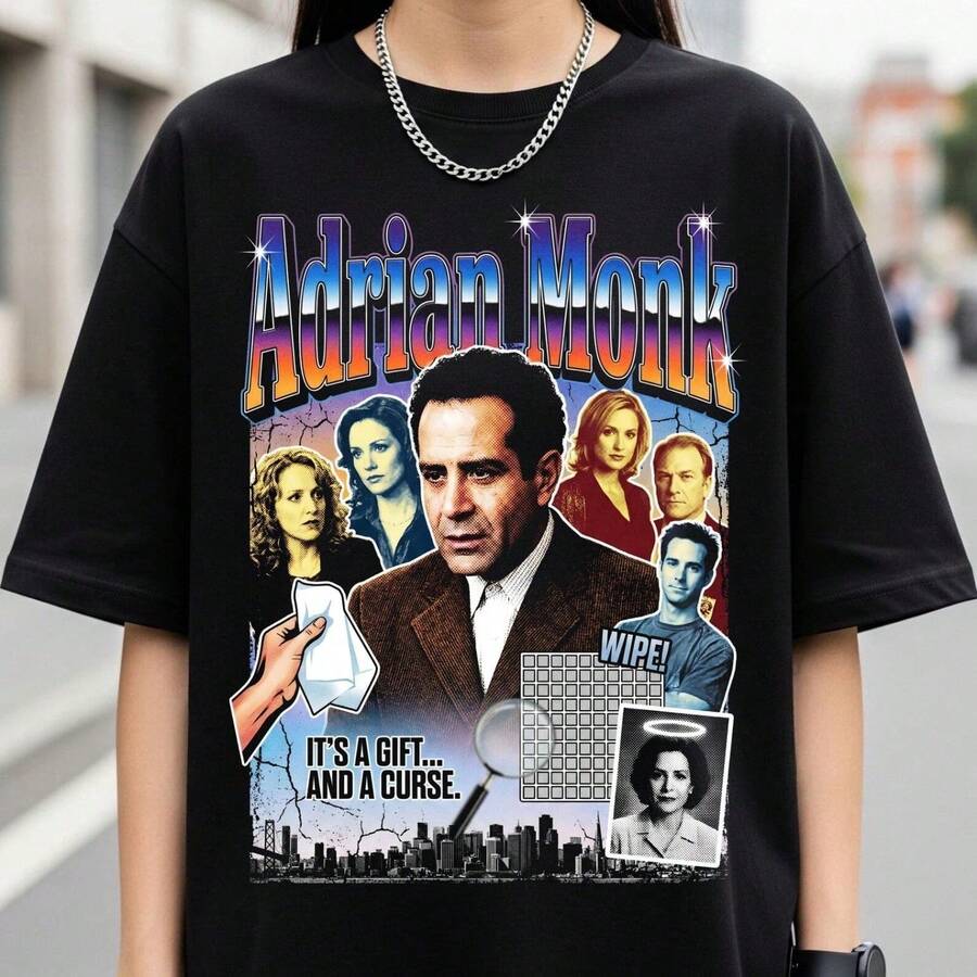 Adrian Monk - It's A Gift And A Curse TV Show rel - Adrian Monk Gif - Funny Detect - Tonhoub Camiseta 100% Algodón Unisex - Playera Casual Premium de Corte Cómodo - Negro - Ver 1