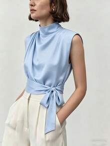 ZAHM Elegant Jacquard Satin Sleeveless Collared Top With Tie Waist, Summer - Baby Blue - View 7