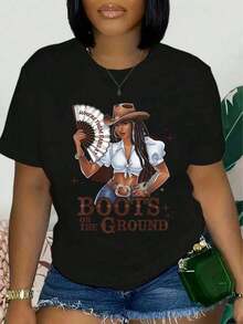 1 Piece Of Women's Retro Western Graphic Tee Featuring "Boots On The Ground" Design, Cowboy Boots And Hat, Vibrant Print, Casual Short Sleeves, Ideal For Travel, A  Festival Top, Comfortable Crew Neck Short Sleeve Tee For Casual Wear And Themed Events Or As A Gift. 180g 100% Cotton, All Designs Are Printed. Unisex. - 黑色 - 查看 11