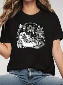 1 pieza - Camisa de Mujer |     JUST ONE MORE CHAPTER Estampado Gráfico, Esqueleto de Dibujos Animados Leyendo en el Sofá, Cuello Redondo Casual, Tela de Elasticidad Media Primavera/Verano 180g 100% Algodón, Todos los diseños están impresos. Unisexo. - Negro - Ver 7