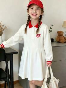 Young Girl Spring/Autumn Half-Open Chest Solid Color Dress - White - View 1