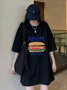 レディース夏新作デイリーカジュアルルーズラウンドネックコットン半袖Tシャツ。キュートで万能なプリントがプリントされており、ファッショナブルで万能、デイリーウェアレディーストップスに最適。 - ブラック - チェックする 1