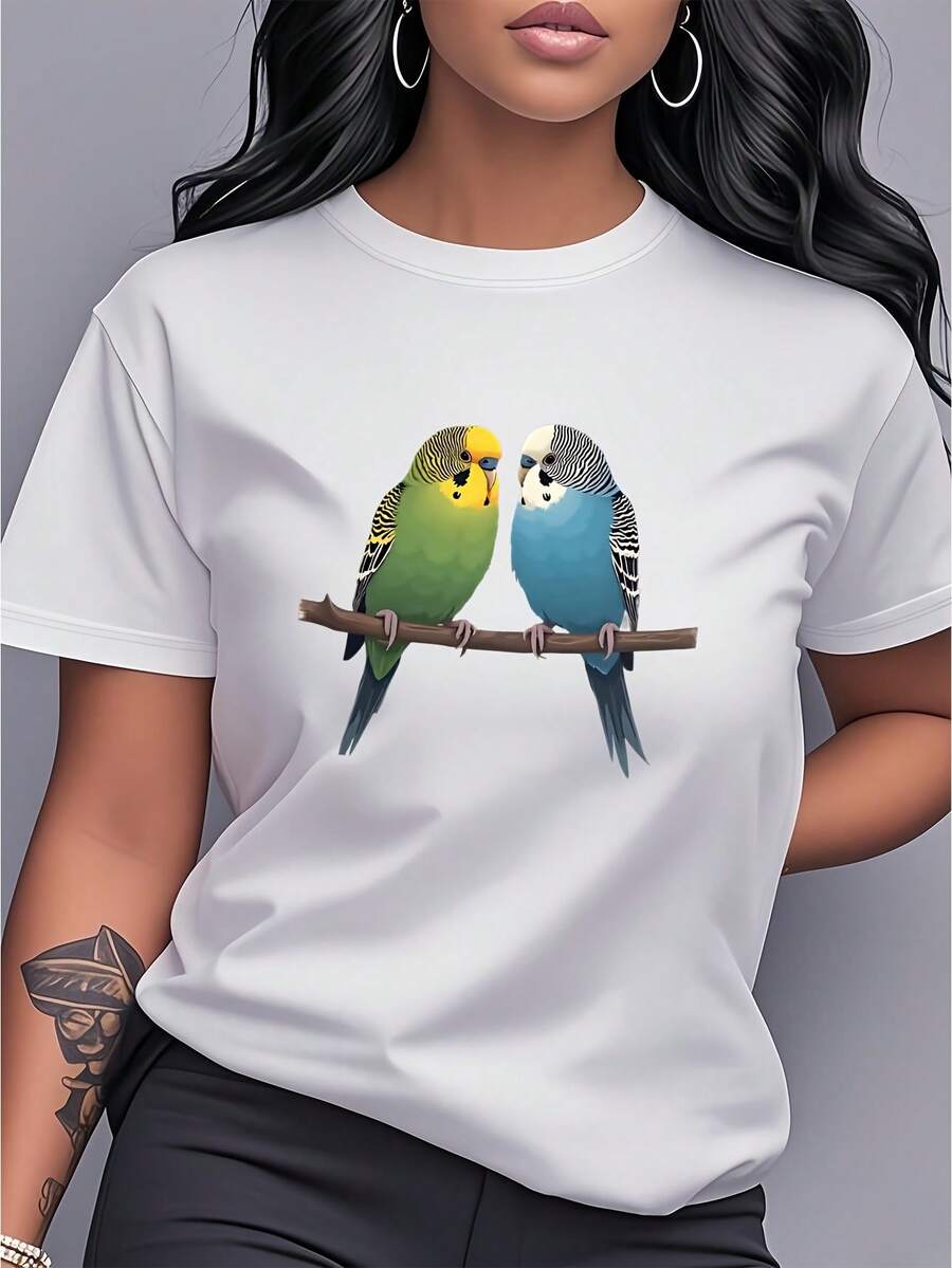 Camiseta con estampado de loro, de manga corta y cuello redondo, ropa de mujer, estilo casual moderno y versátil, adecuada para el día a día, citas, salidas y como regalo. - Blanco - Ver 1