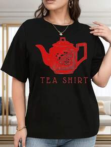 Oversized Women's Plus Size Black Casual T-Shirt, Printed With A Black Teapot And Tea Culture Design - Loose Fit, Round Neck, Short Sleeve, Suitable For Tea Lovers, British Style Gift Option, Machine Washable, Lovely. - 黑色 - 查看 1