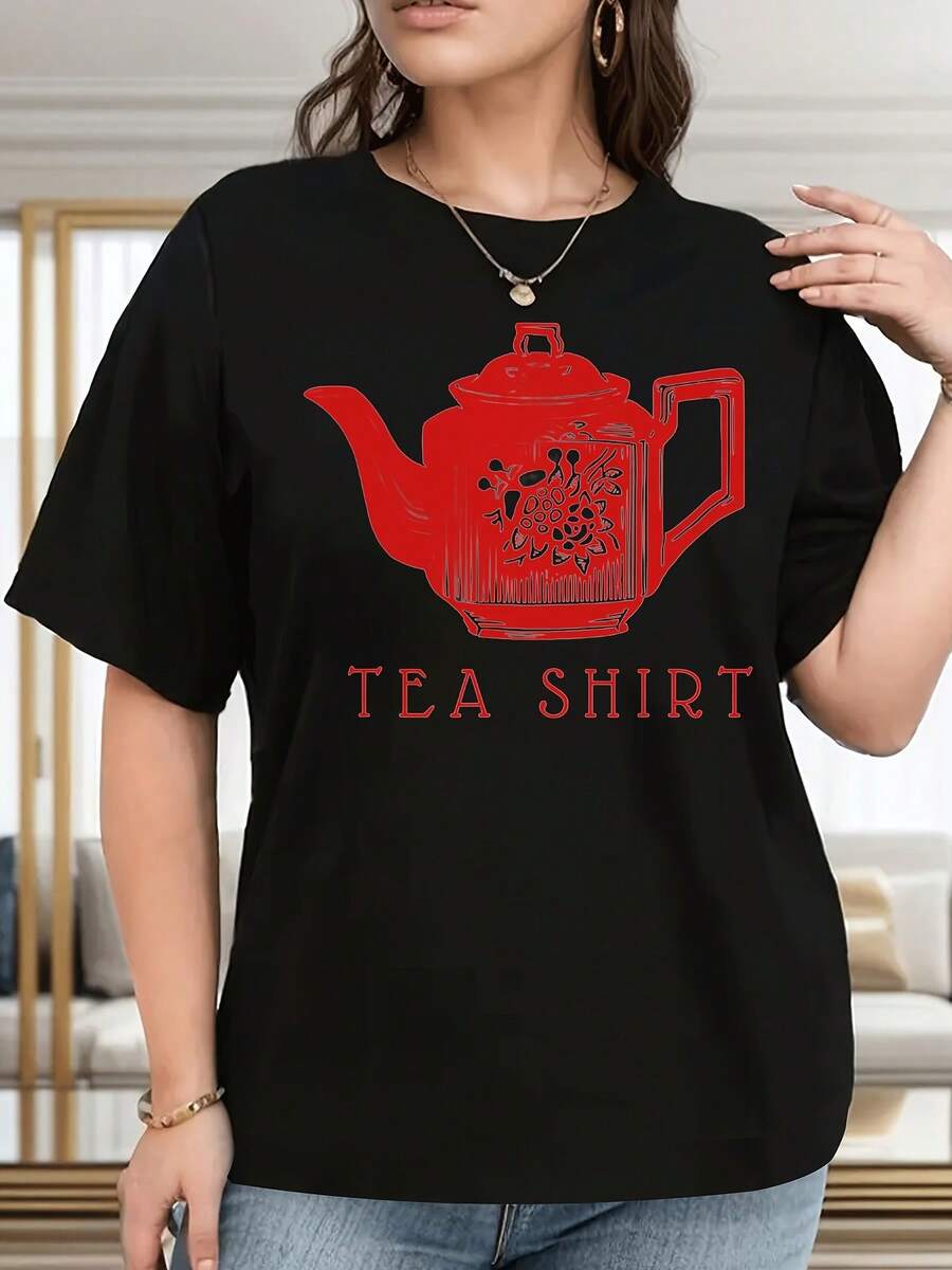Oversized Women's Plus Size Black Casual T-Shirt, Printed With A Black Teapot And Tea Culture Design - Loose Fit, Round Neck, Short Sleeve, Suitable For Tea Lovers, British Style Gift Option, Machine Washable, Lovely. - 黑色 - 查看 1