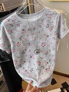 Camiseta casual de mujer de manga corta con cuello redondo, estampado de oso de dibujos animados y rayas - Multicolor - Ver 4