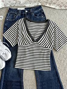 Women's Striped Deep V-Neck Short Sleeve Fitted Knit Top - Dark Grey - View 1