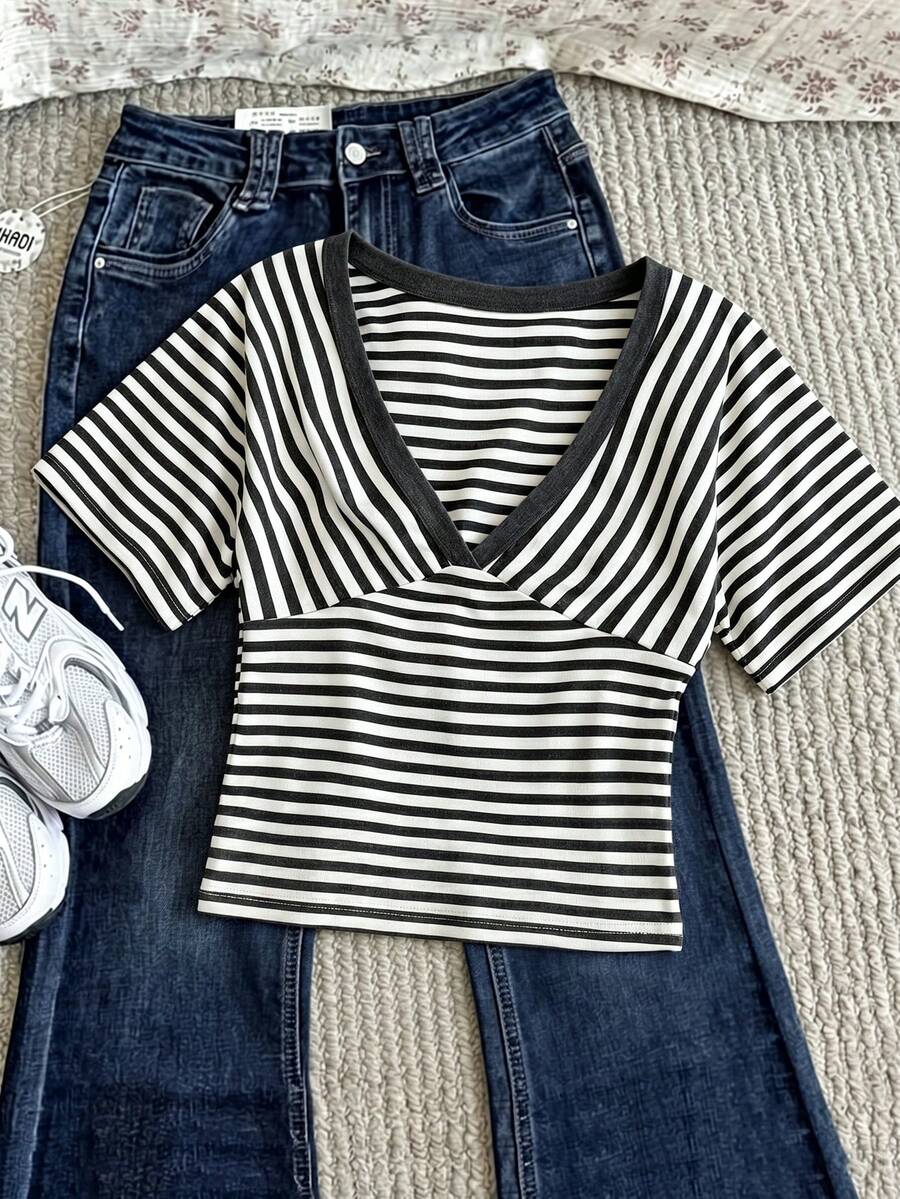 Women's Striped Deep V-Neck Short Sleeve Fitted Knit Top - Dark Grey - View 1