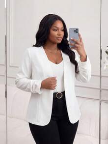 SHEIN Lady CURVE Plus Size Women's Solid Color Simple Daily Long Sleeve Jacket,Business Casual Woman Winter Fall Autumn - White - View 6