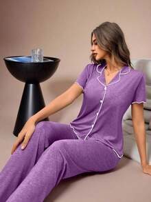 Mono de verano de punto ligero y suelto con volantes, de tela roja, de estilo casual y holgado para mujer - Morado 2 - Ver 8