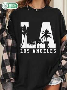 Women's Los Angeles LA California USA Graphic T-Shirt | Heavyweight 180gsm Short Sleeve Crew Neck Casual T-Shirt With Iconic LA Silhouette And Palm Tree Design, White Lettering, All-Season Comfort, Travel Souvenir Clothing, Geometric Pattern - Vintage Street Style Unisex Loose Cotton Short Sleeve Crew Neck T-Shirt - 黑色 - 查看 1