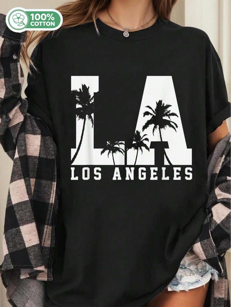 Women's Los Angeles LA California USA Graphic T-Shirt | Heavyweight 180gsm Short Sleeve Crew Neck Casual T-Shirt With Iconic LA Silhouette And Palm Tree Design, White Lettering, All-Season Comfort, Travel Souvenir Clothing, Geometric Pattern - Vintage Street Style Unisex Loose Cotton Short Sleeve Crew Neck T-Shirt - 黑色 - 查看 1