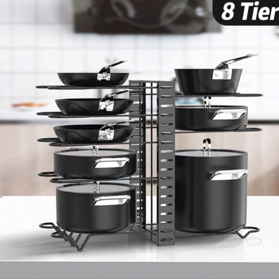 Pots And Pans Organizer Under Cabinet - 8-Tier Adjustable Pan Organizer Rack For Cabinet - Heavy-Duty Pot & Pan Organizer - Perfect To Store Pots, Pans, Lids - Easy Kitchen Organization And Storage - 黑色 - 查看 1
