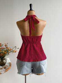 Rusttydustty Plus Size Women Textured Front Tie Halter Neck Top Summer - Red - View 3