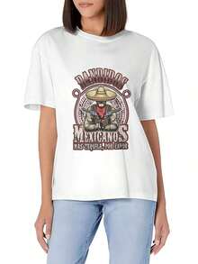 El logo de un restaurante mexicano con un vaquero con sombrero de ala ancha. Camiseta casual de manga corta, corte ajustado, de algodón suave, cuello redondo, básica y versátil para el verano. - Blanco - Ver 7