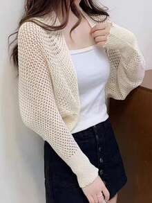 1pc Women's Spring/Summer Honeycomb Sleeve Cape With Knitted Collar And Hollow-Out Design Outerwear Accessory - Multicolor - View 3