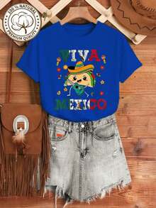 Women's Plus Size Viva Mexico Graphic T-Shirt - 100% Cotton, Short Sleeve, Crew Neck, Casual Top With Vibrant Mexican Culture Design, Maracas, Sombrero And Chili Print, Red/Blue Green, Machine Washable, All Season Comfort, Ideal For Summer - 藍色的 - 查看 7