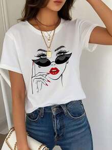 Camiseta gráfica de moda para mujer con diseño de rostro elegante, camiseta casual de verano para uso diario, top cómodo de algodón adecuado para primavera y otoño, ideal para adolescentes y adultos que buscan atuendos únicos. - Blanco - Ver 7