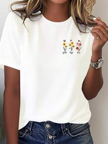 Women's Casual T-Shirt With Round Neck And Floral Design "Faith Hope Love" - Soft, Comfortable, Short Sleeve, Regular Length, Ideal For All Seasons, Casual Wear | Floral Print T-Shirt | Comfortable Fit, White T-Shirt With Flowers - 白色 - 查看 5