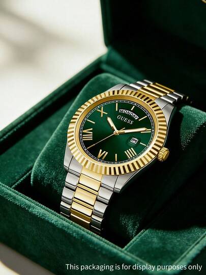  Reloj de cuarzo analógico elegante y clásico para hombres Guess, con pantalla de fecha/día, esfera redonda verde, correa de acero inoxidable plateada y dorada, adecuado para uso diario de negocios, regalo de cumpleaños, regalo de Navidad GW0265G8