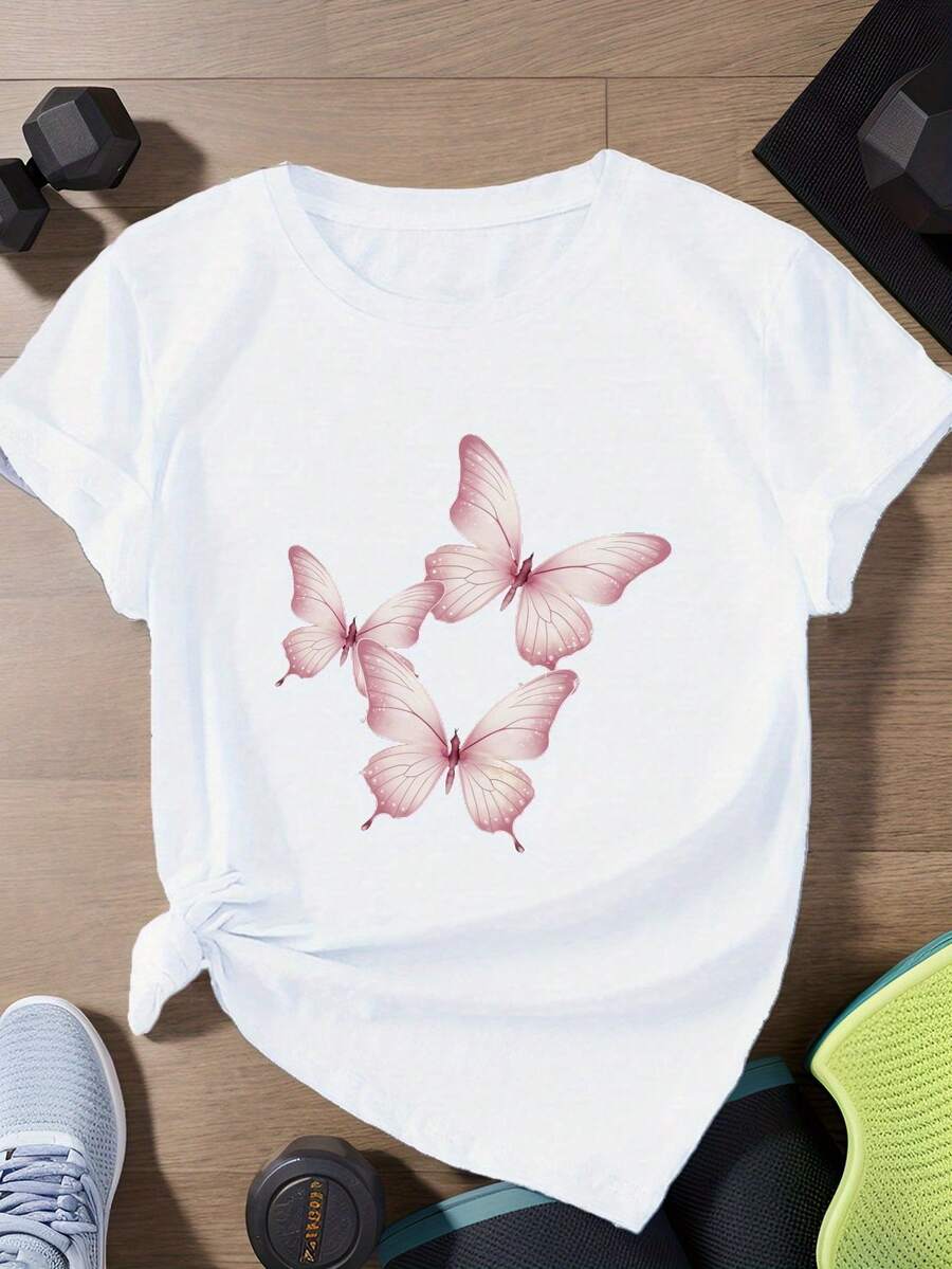 Camiseta Deportiva de Manga Corta para Mujer, Talla, con Diseño de Tres Mariposas Translúcidas Brillantes - Blanco - Ver 1