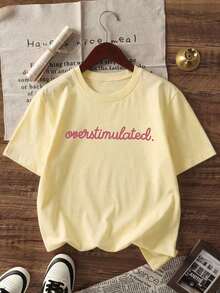 Camiseta de mujer de manga corta y cuello redondo casual - Estampado impreso, tela suave y cómoda, lavable a máquina, top de verano rosa - Amarillo - Ver 2