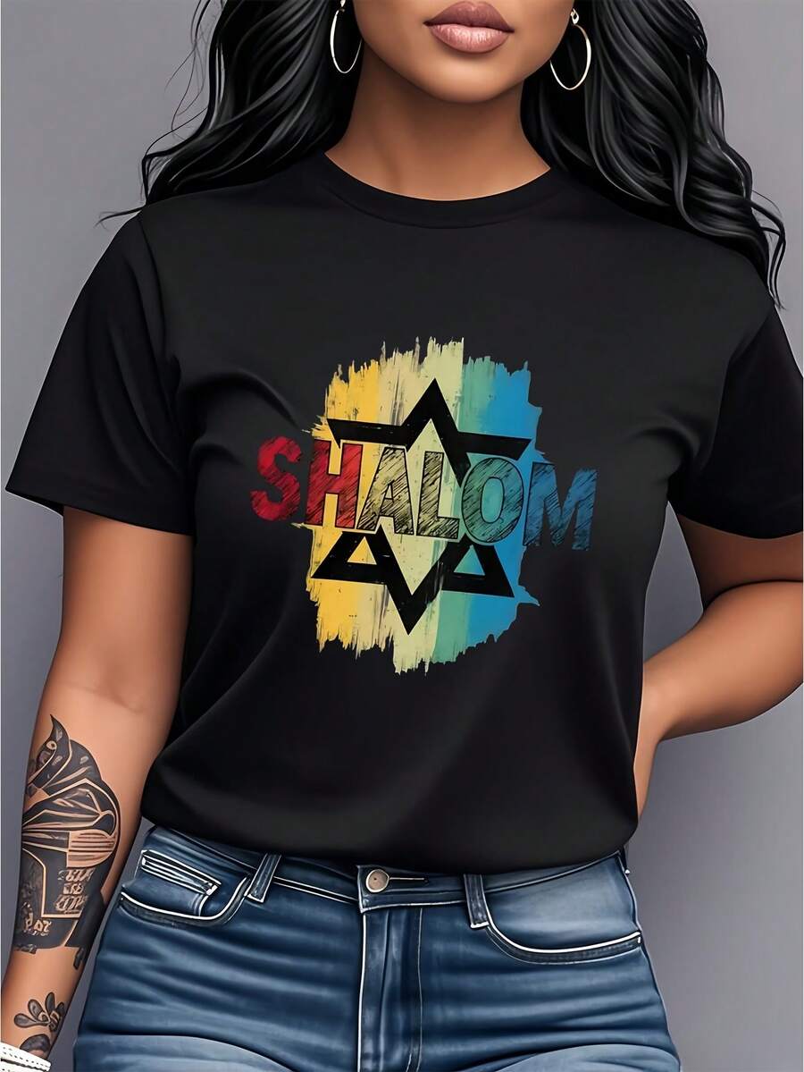 Camiseta de algodón puro para mujer, camiseta de algodón puro para mujer, camiseta con símbolo de paz y estampado , ropa de mujer de manga corta y cuello redondo, estilo retro vintage, única y moderna, ropa casual versátil, adecuada para uso diario, viajes y vacaciones, regalo de cumpleaños. - Negro - Ver 1