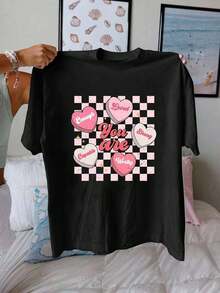 Women's And Unisex "You're Enough" Red Valentine's T-Shirt - Checkered Heart Print, Oversized Style, Crew Neck, Short Sleeve, Soft, Sizes S-3XL For Spring And Summer, Self-Affirmation Gift And Casual Wear, Y2k Style T-Shirt. - 黑色 - 查看 10
