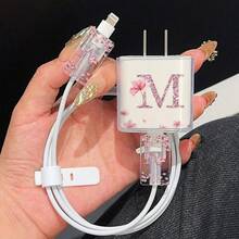 五合一花卉字母M图案保护壳套装：手机壳+充电头保护套+数据线保护套+收纳线，TPU防震全包手机壳，兼容苹果16、15、14、13、12、11 Pro Max - 彩色 - 查看 4