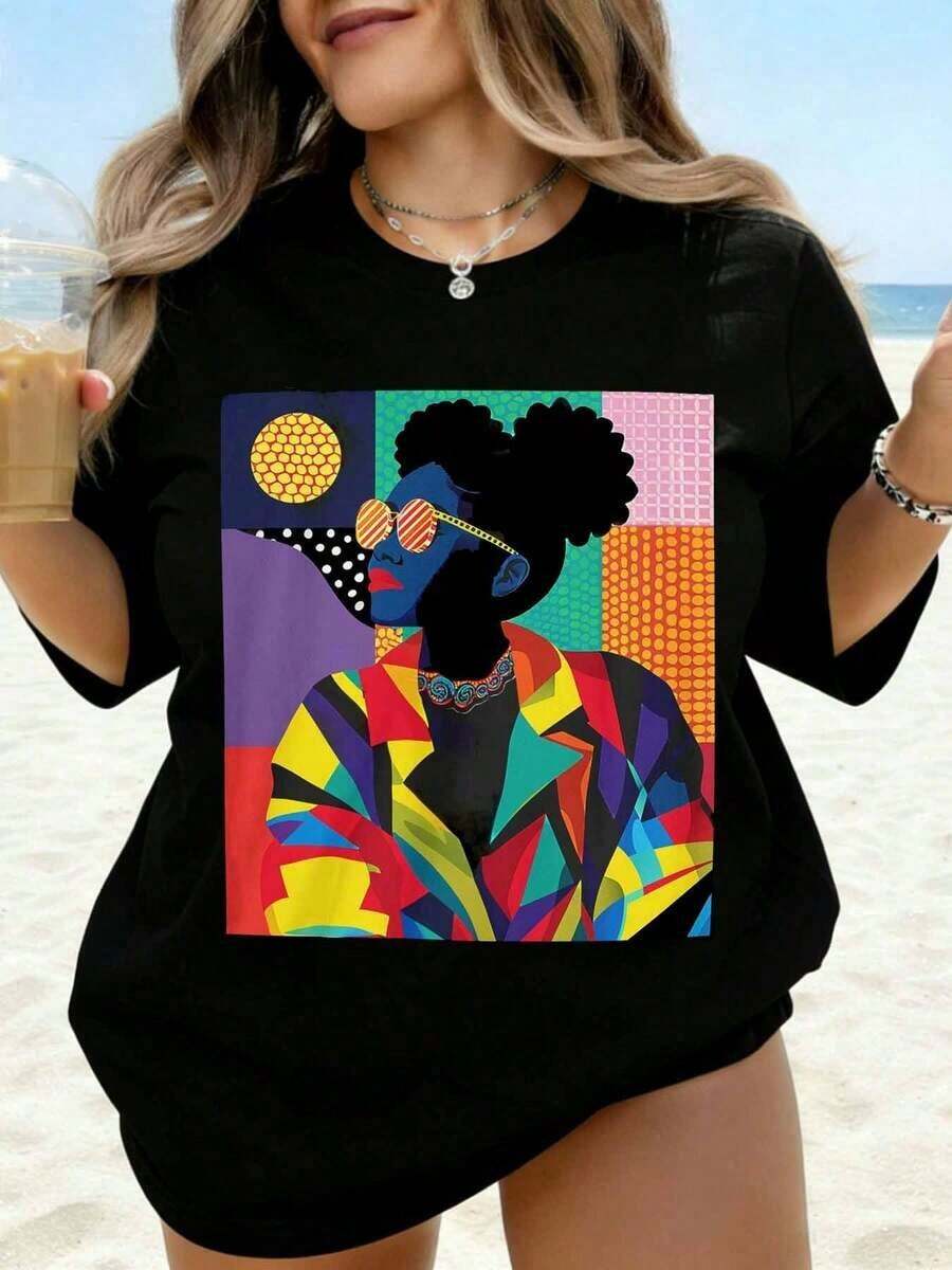 1 pieza Camiseta Negra con Estampado Artístico Abstracto de Mujer Colorida para Mujer, Ropa de Playa, Top de Moda, Atuendo de Verano, Ropa Casual, 180g 100% Algodón - Negro - Ver 1