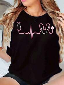 Designed For Modern, Stylish, And Comfortable Women. This Women's T-Shirt Features An Easter Bunny And Heartbeat Print, Perfect For Easter. It Has A Casual Crew Neck, Short Sleeves, And Is Soft And Comfortable (220g). Made From Premium Soft And Breathable Fabric, It's Designed For All-Day Comfort And Versatile Everyday Wear, Ideal For Casual Outings. - 黑色 - 查看 10