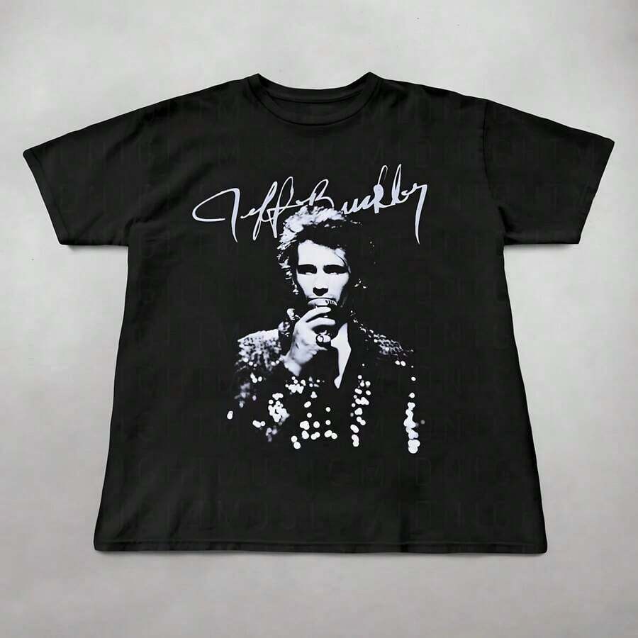 Soft And Comfortable Korean Style T-Shirt, Casual Wear, Black T-Shirt With "Jeff Buckley" Portrait And Signature Graphic, Comfortable And Casual Short Sleeve, Printed Cotton T-Shirt, 220 Grams, 100% Breathable Cotton - 黑色 - 查看 1