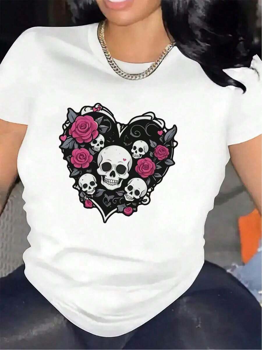 Skull And Heart Design T-Shirt For Home Use, Durable And Comfortable, Ideal For Living Room Or Restaurant, Stylish Graphic T-Shirt For Women, Soft Fabric, Casual Everyday Wear - [白色的] - 查看 1