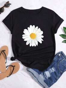 Camiseta casual de corte holgado para mujer con estampado de crisantemos, adecuada para uso doméstico y deportivo diario.Sencillo y elegante. - Negro - Ver 6