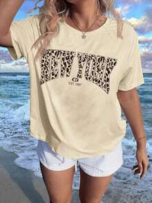 Women's Leopard Print And Lettering T-Shirts, Casual Minimalist Design, Loose Fit, Crew Neck, Short Sleeves, Pullover Style, Suitable For Everyday Summer Wear. Y2K Style Activewear, Crew Neck, 100% Cotton, Soft Fabric, Short Sleeves. - 杏色 - 查看 5