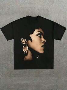 Break The SystemLauryn Band Hill Lauryn Band, Estampado Casual, Cómoda y Versátil, Camiseta Estampada de Algodón Puro de 220g con Patrón de Letras, Cuello Redondo, Corte Holgado Adecuado como regalo. playera de mujer. blusas>elegantes. boho chic,Camiseta para mujer, suave y transpirable: perfecta para vacaciones, viajes y ocasiones festivas, y adecuada para usar en múltiples estaciones. - Negro 4 - Ver 1