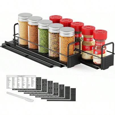 Pull Out Spice Rack Organizer Cabinet, Heavy Duty Slide Out Seasoning Kitchen Organizer, Cabinet Organizer, With Labels, 5.2x10.8 Dx4 H, 2 Drawers 1-Tier