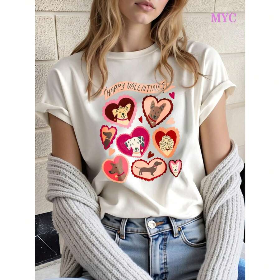 MYNOVA C Women's Plus Size Soft Cotton T-Shirt With Valentine's Day Hearts And Cute Dog Print, Romantic Gift For Her, Valentine's Look, Cozy Streetwear Style, Perfect For Spring Fashion - 白色的 - 查看 1