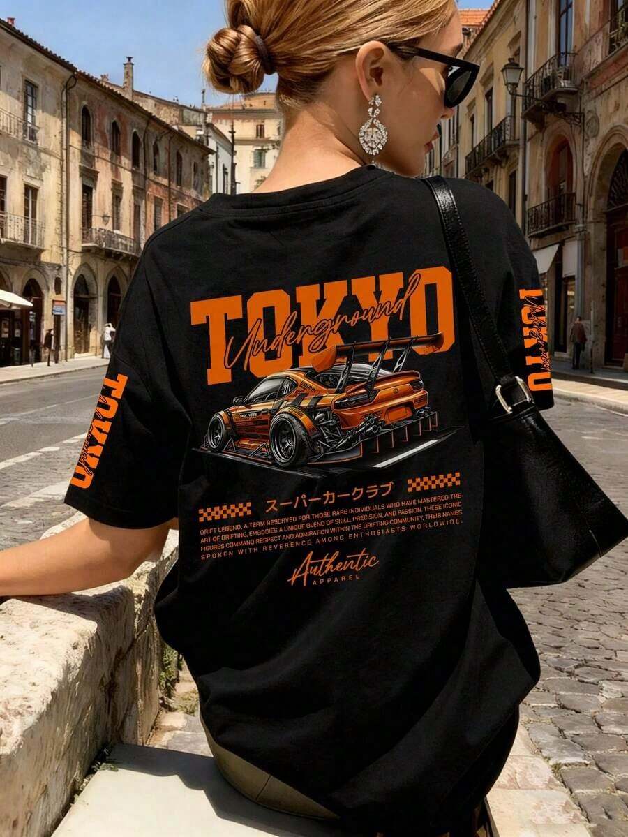 Women's Black Short-Sleeved T-Shirt, Casual Style, Loose And Versatile, With TOKYO Racing Letter Print, Ideal For Everyday Wear And Holidays. - 彩色 - 查看 1