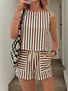 Set de 2 piezas de top corto sin mangas a rayas y pantalones, conjunto informal de verano con bolsillos para mujer - Marrón - Ver 1