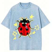 Washed Unisex Tee, Star & Ladybug Print, Vintage Distressed Style, Premium Fabric, Summer Graphic Top, Ideal For Daily Wear & Holiday Gifts - 淺藍色 - 查看 12