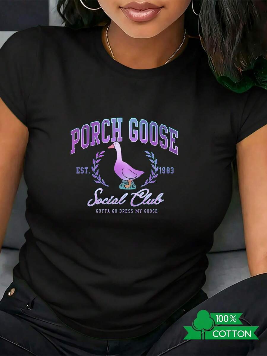 Camiseta de Cuello Redondo para Mujer con Estampado de Letras de Anime, Diseño Simple, Cómoda y Transpirable, Ideal para Uso Diario Casual, Presentando un Estilo Veraniego Refrescante, Esencial para Fiestas, Envío Local PORCH GOOSE Goose - Negro - Ver 1